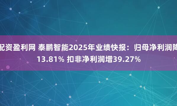 配资盈利网 泰鹏智能2025年业绩快报：归母净利润降13.81% 扣非净利润增39.27%